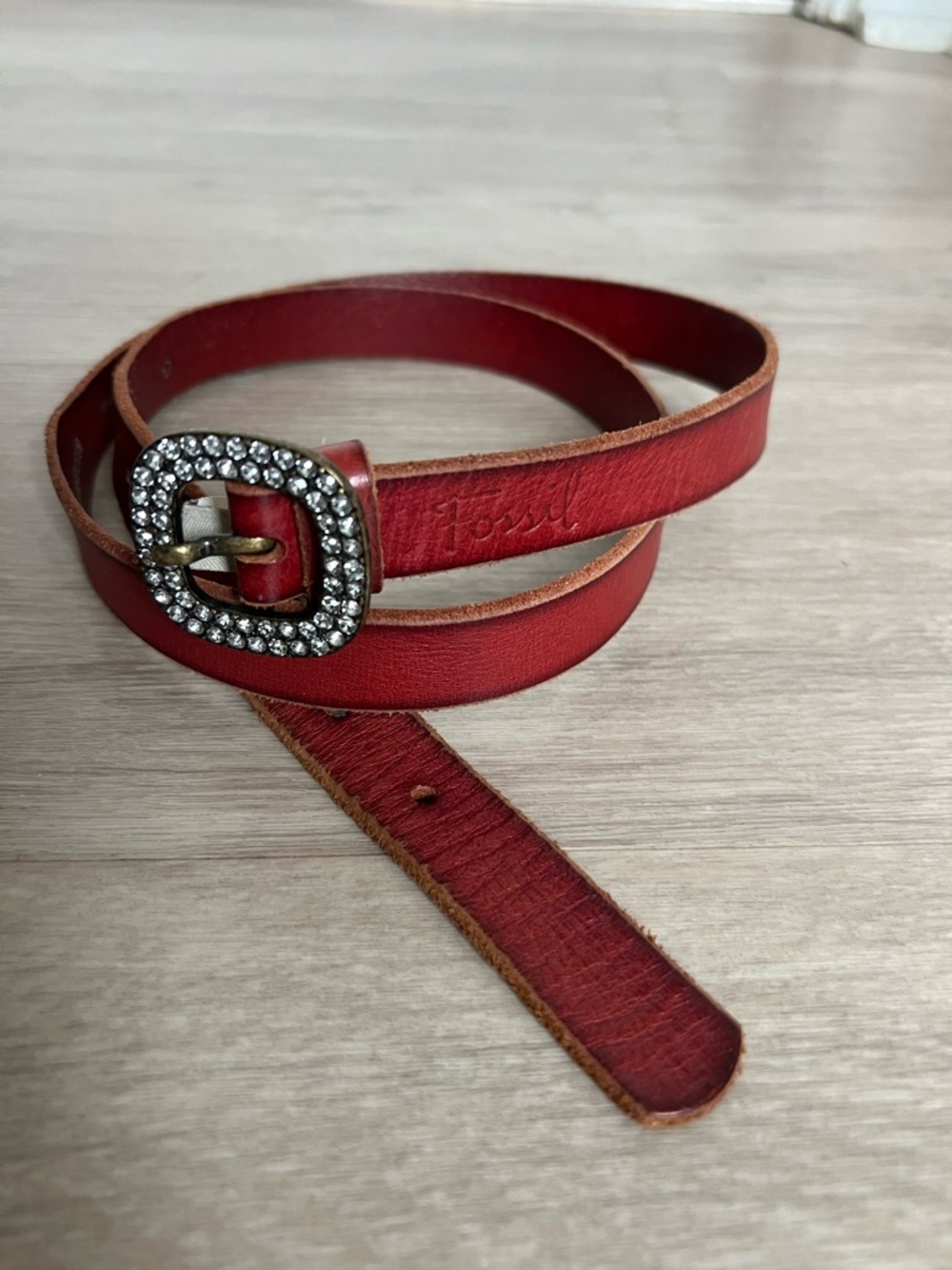 Fossil Red Leather Belt with Rhinestone Buckle Medium